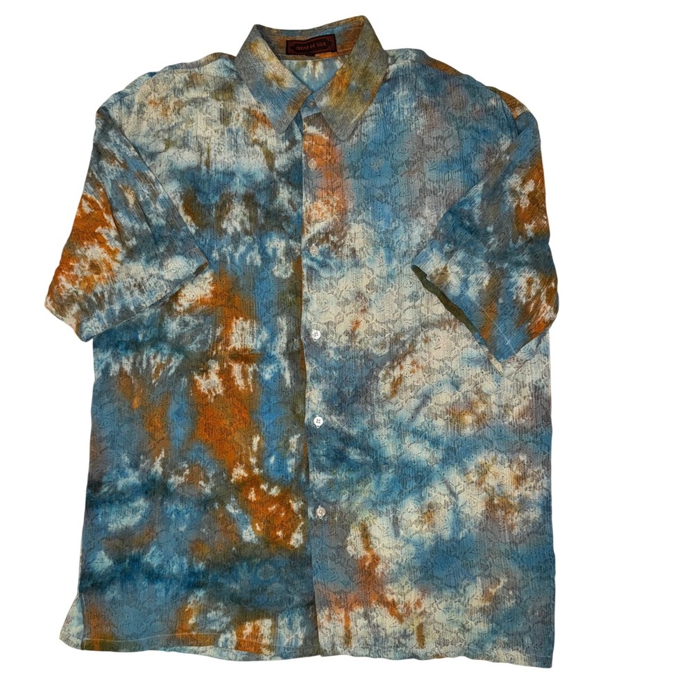 Creme‎ De Silk Mens Blue Rust Linen Cotton Short Sleeve Button Down Shirt Large